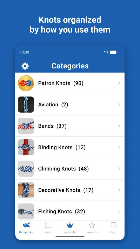 The list of knot categories
